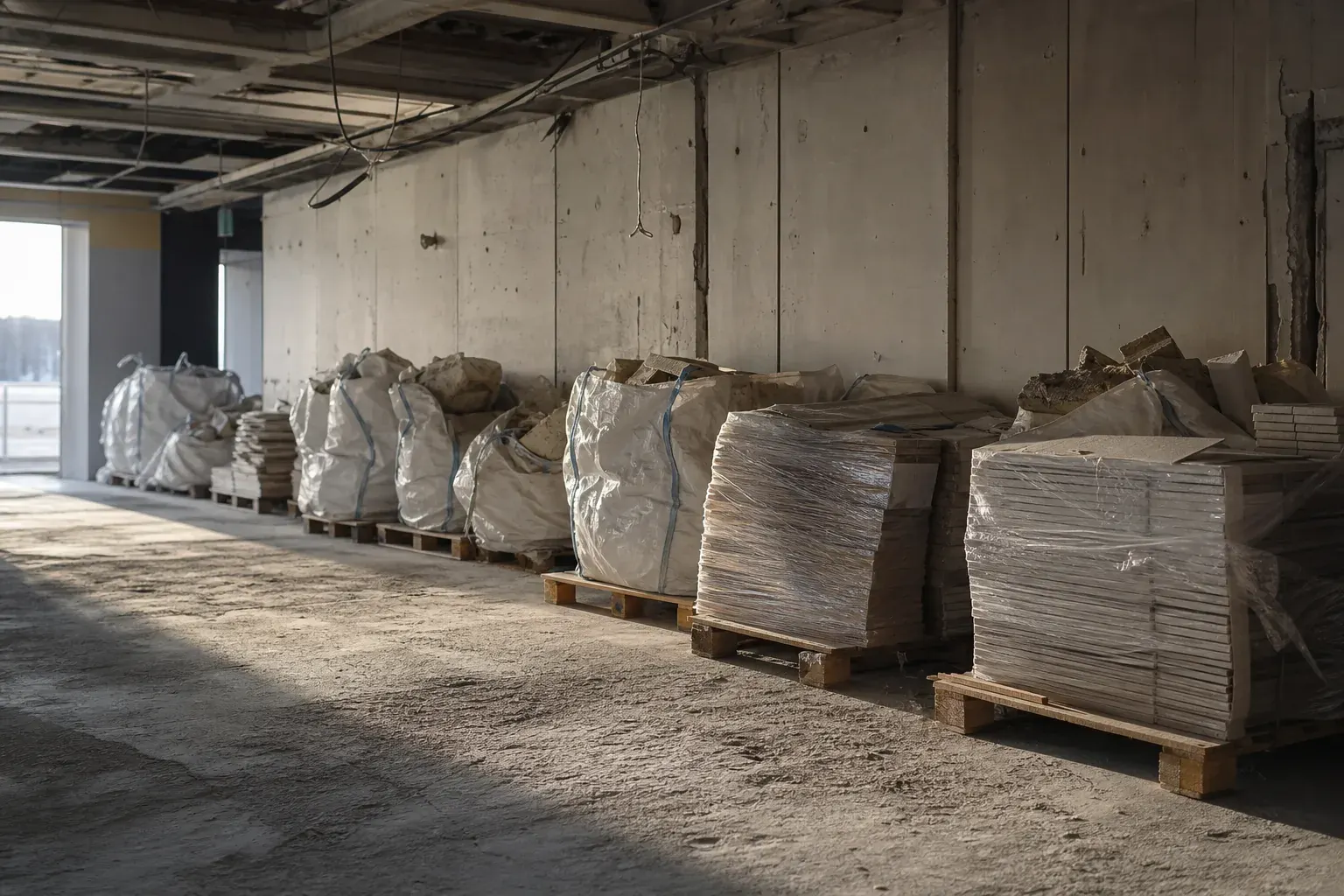 Intérieur de bâtiment en cours de curage, cloisons déposées et matériaux conditionnés en sacs fermés le long d’un mur