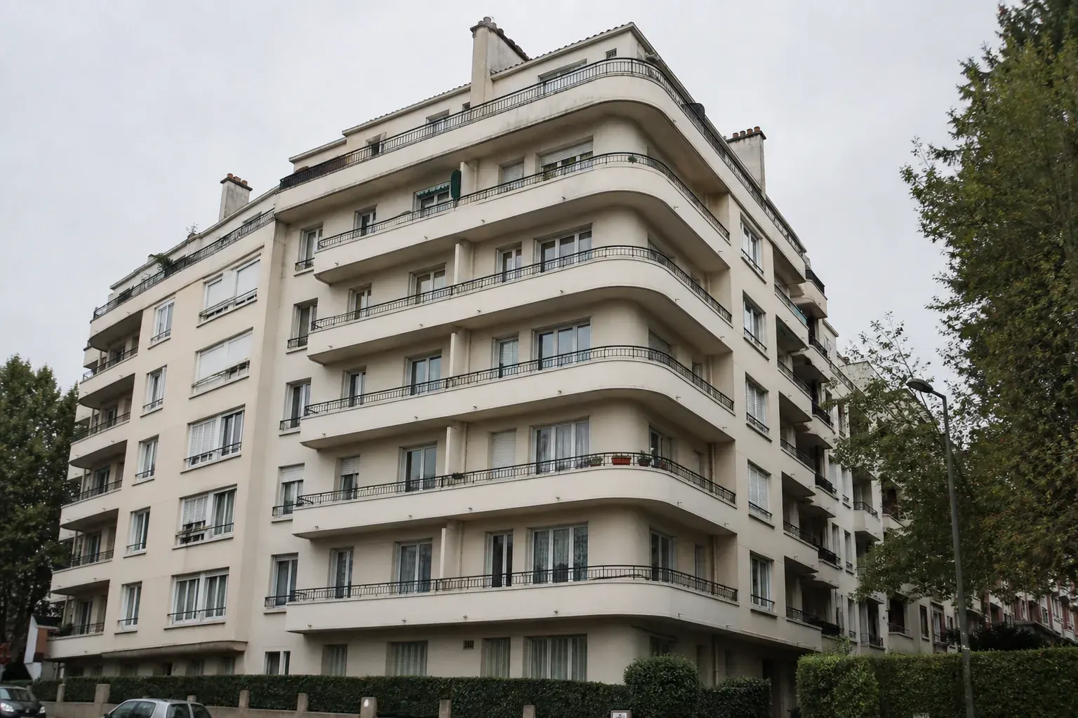 Façade d’un immeuble d’habitation collectif de la période de reconstruction, béton clair et balcons filants, vue d’ensemble diurne