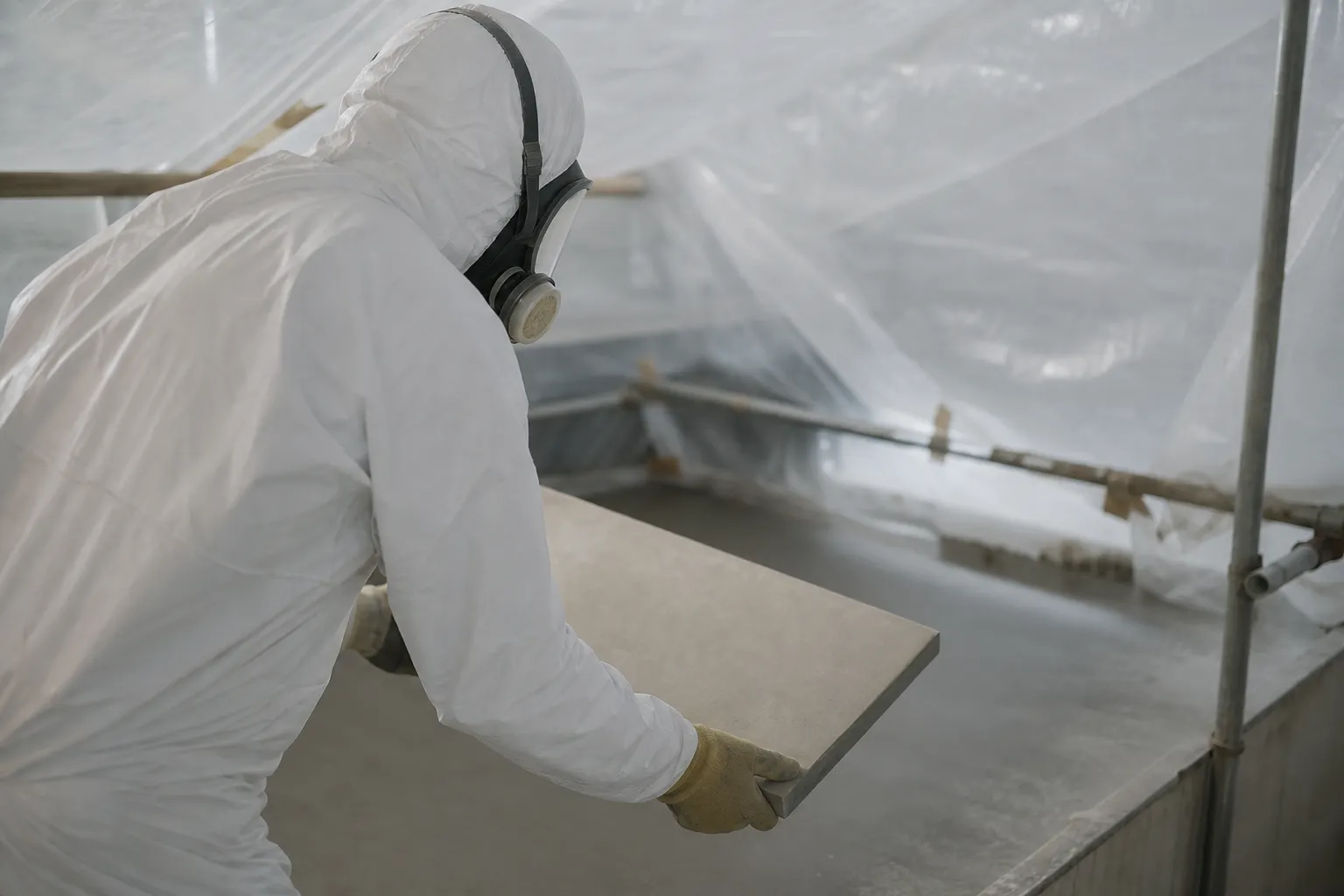 Opérateur en combinaison de protection intégrale et masque, de trois quarts dos, déposant une plaque dans une zone de travail confinée sous bâche translucide